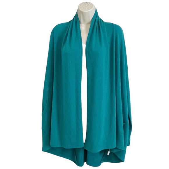 Karen Kane Long Sleeve Open-Front Draped Teal Cardigan Sweater - Picture 2 of 8